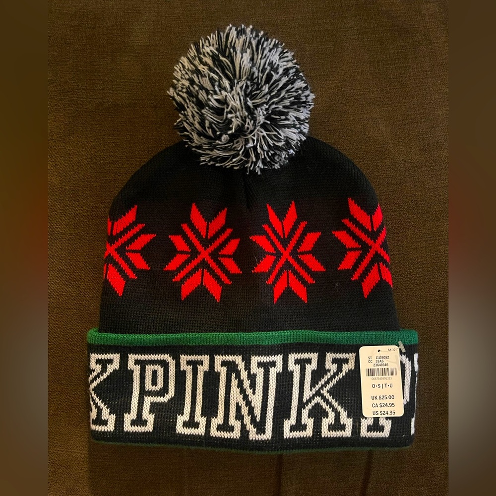 NEW VS PINK Logo PomPom Black Beanie Hat